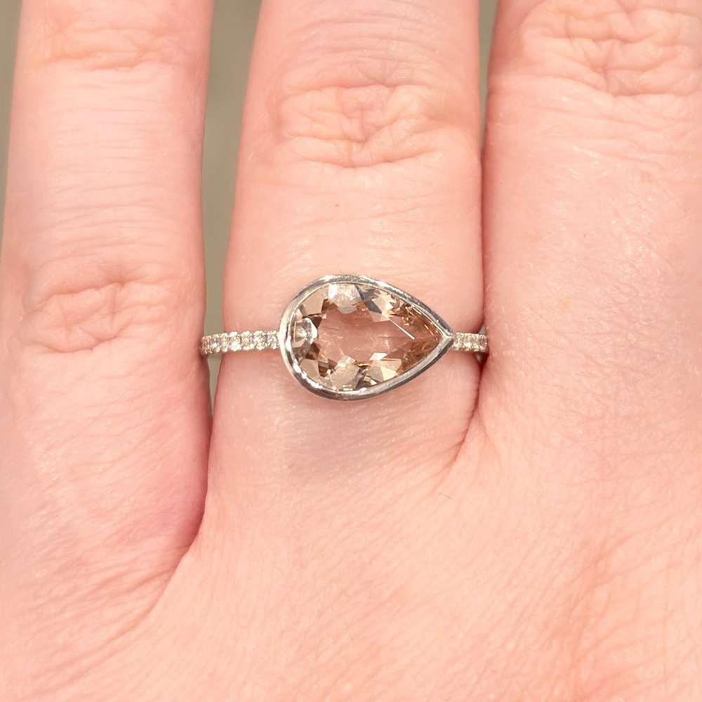 18K Morganite Diamond Ring: 3 Carat Pear Solitaire Peach Bezel Size 7.25 - Picture 3 of 11